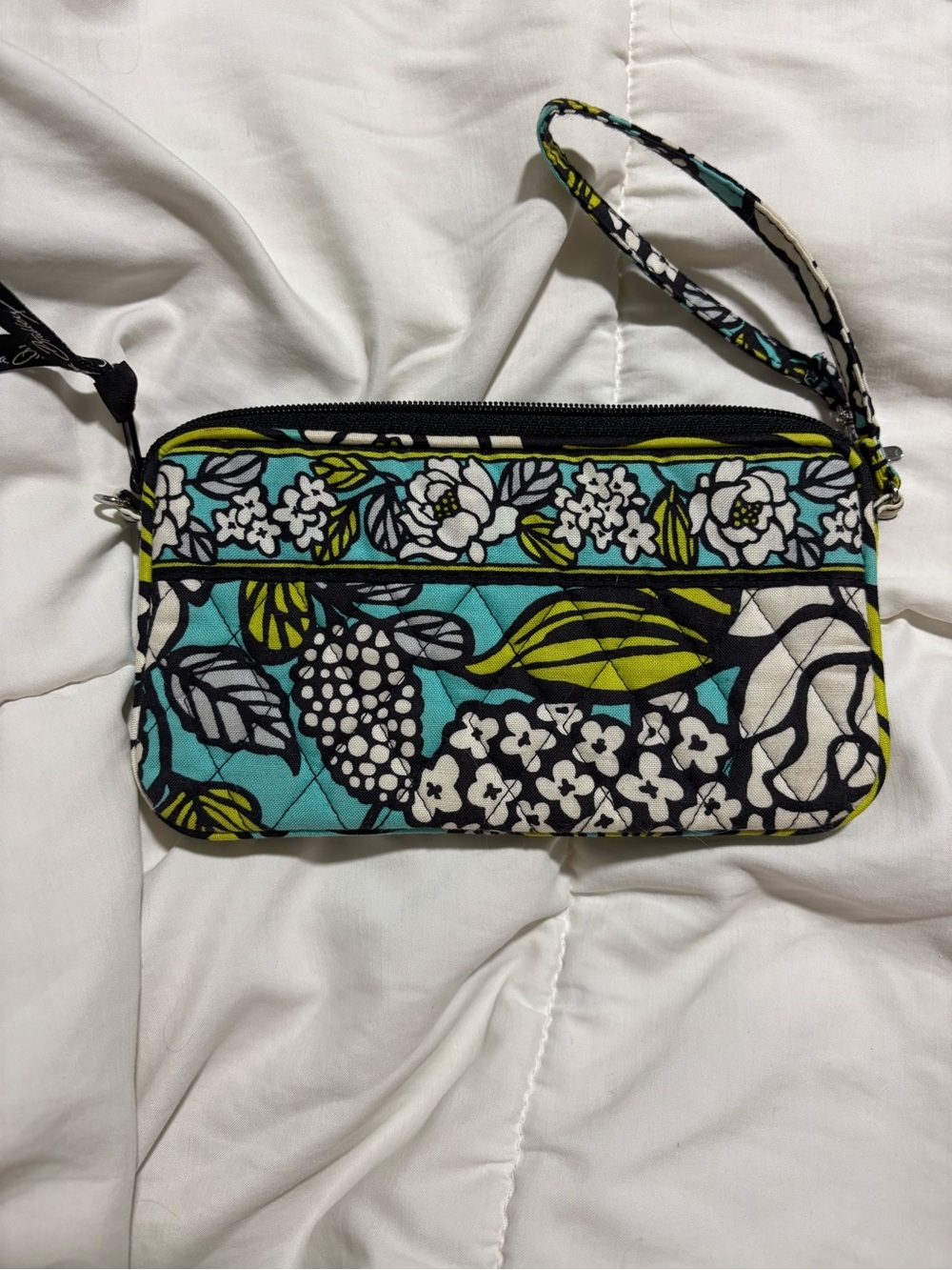 Vera Bradley Teal Floral Quilted Wristlet with Lime Accents